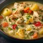 Bowl of easy leftover turkey soup garnished with herbs