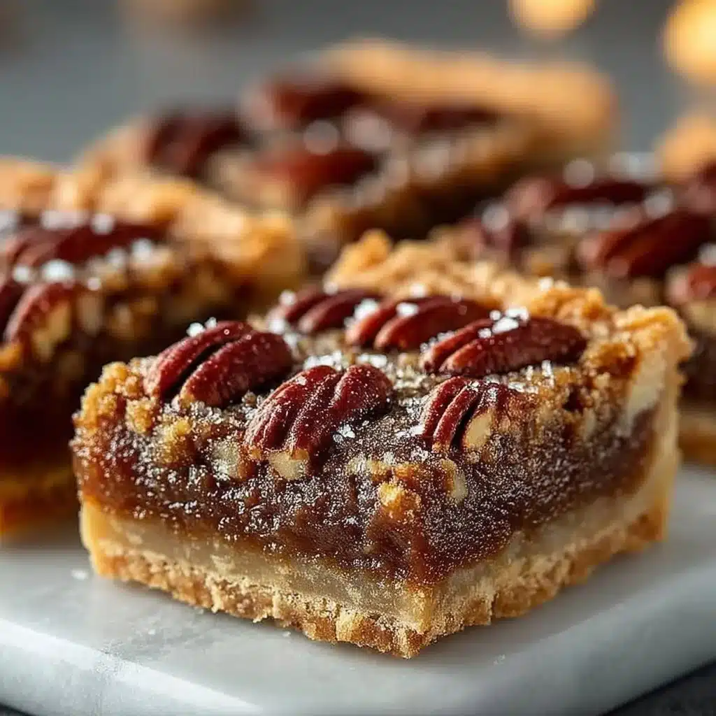 Delicious easy pecan pie bars topped with pecans on a wooden table.