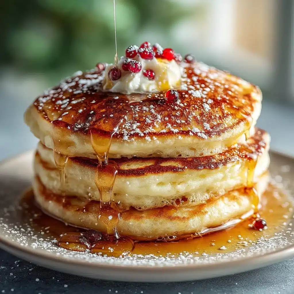 Stack of fluffy pancakes with syrup and berries on a plate