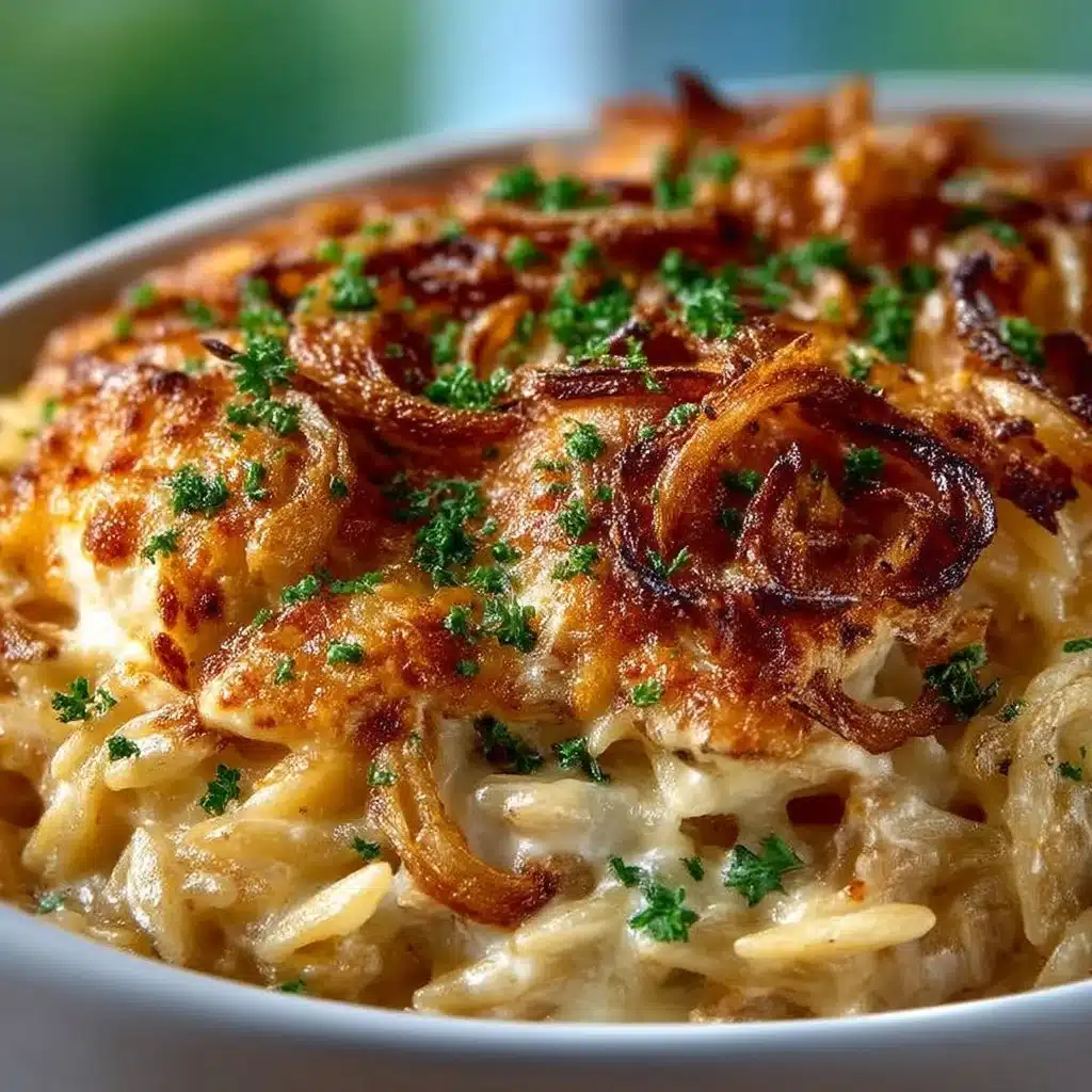 French onion chicken orzo casserole topped with melted cheese
