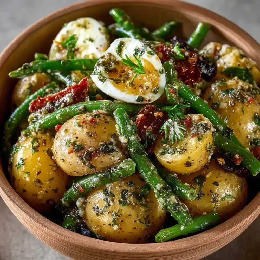 French-style potato salad with green beans served in a bowl