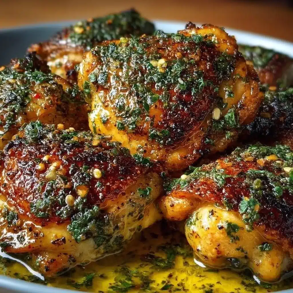 Plate of juicy Garlic Butter Chicken Thighs garnished with herbs