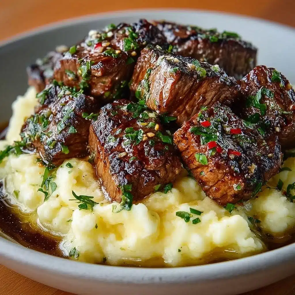 Plate of flavorful garlic steak bites with creamy mashed potatoes