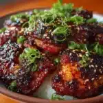 Delicious gochujang glazed chicken thighs garnished and served on a plate