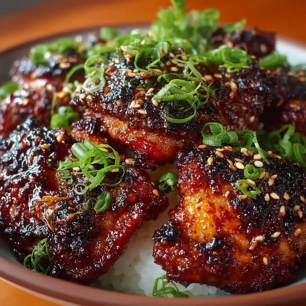 Delicious gochujang glazed chicken thighs garnished and served on a plate