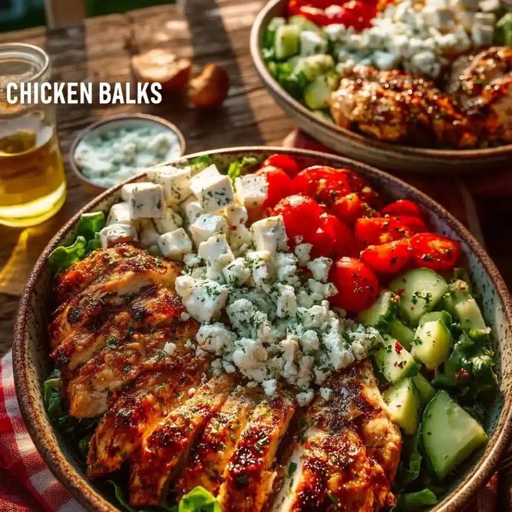 Delicious Greek Chicken Bowl with fresh vegetables and herbs