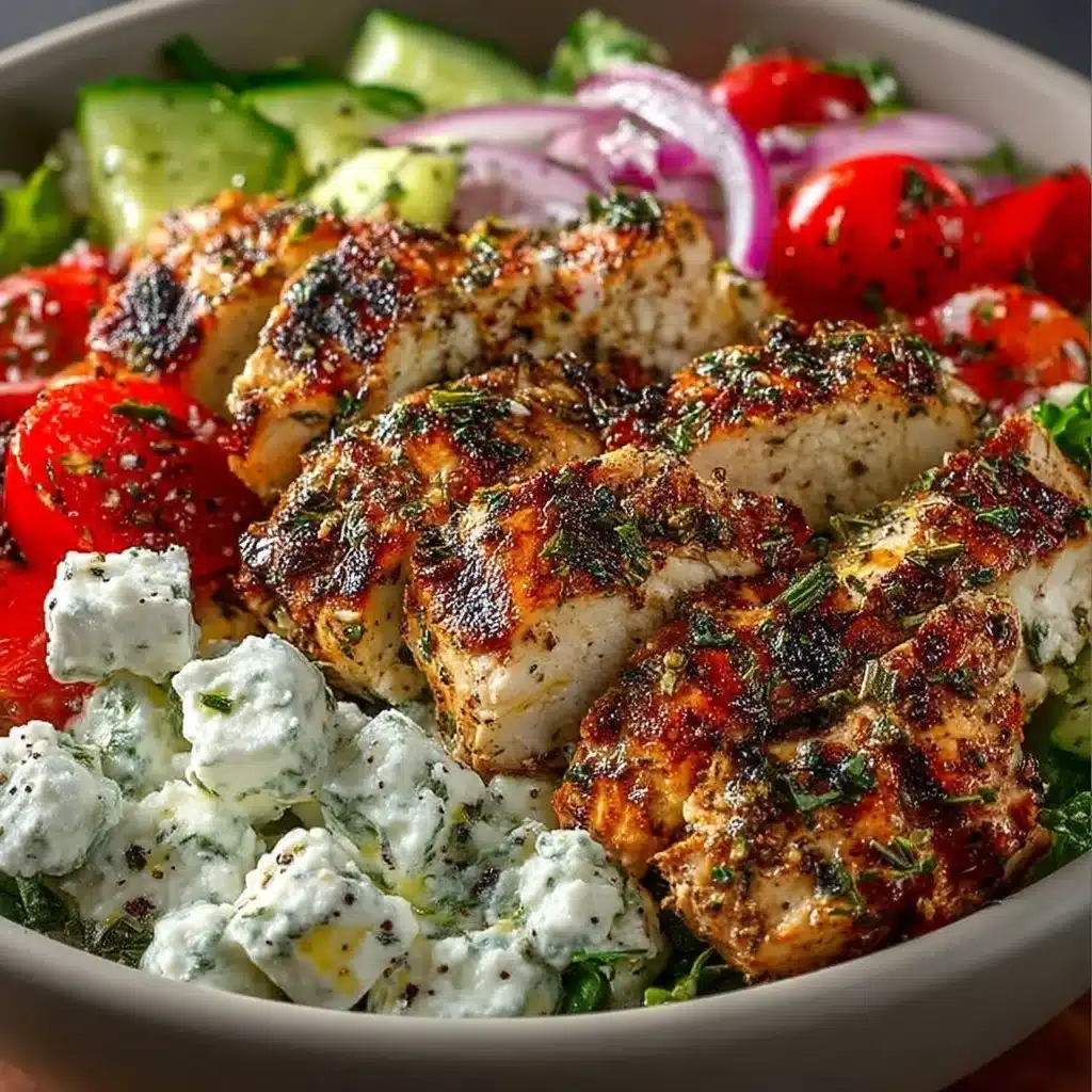 Colorful Greek Chicken Bowls with fresh vegetables and herbs