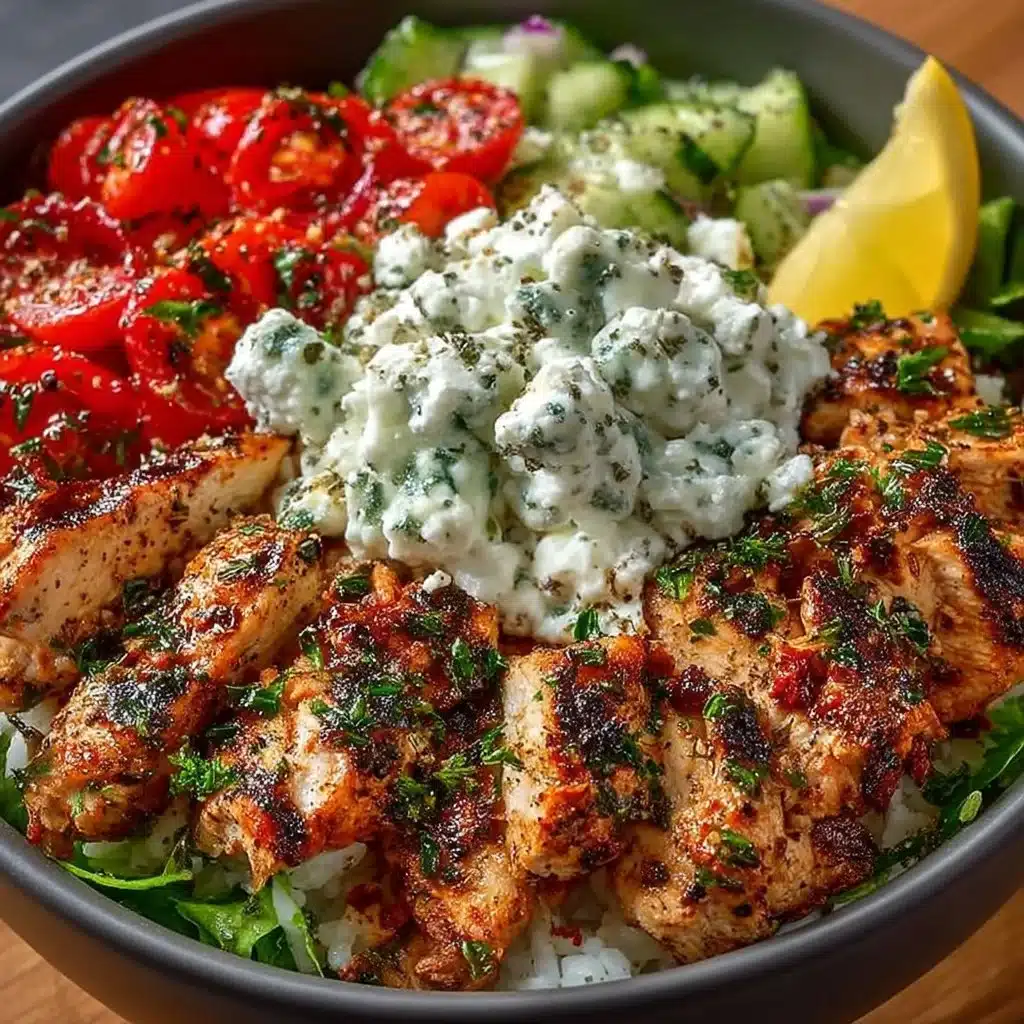 Delicious Greek Chicken Bowl topped with fresh vegetables and herbs