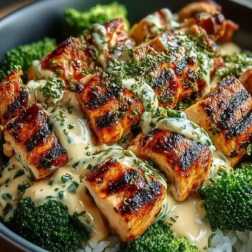 Grilled chicken and broccoli bowls topped with creamy garlic sauce