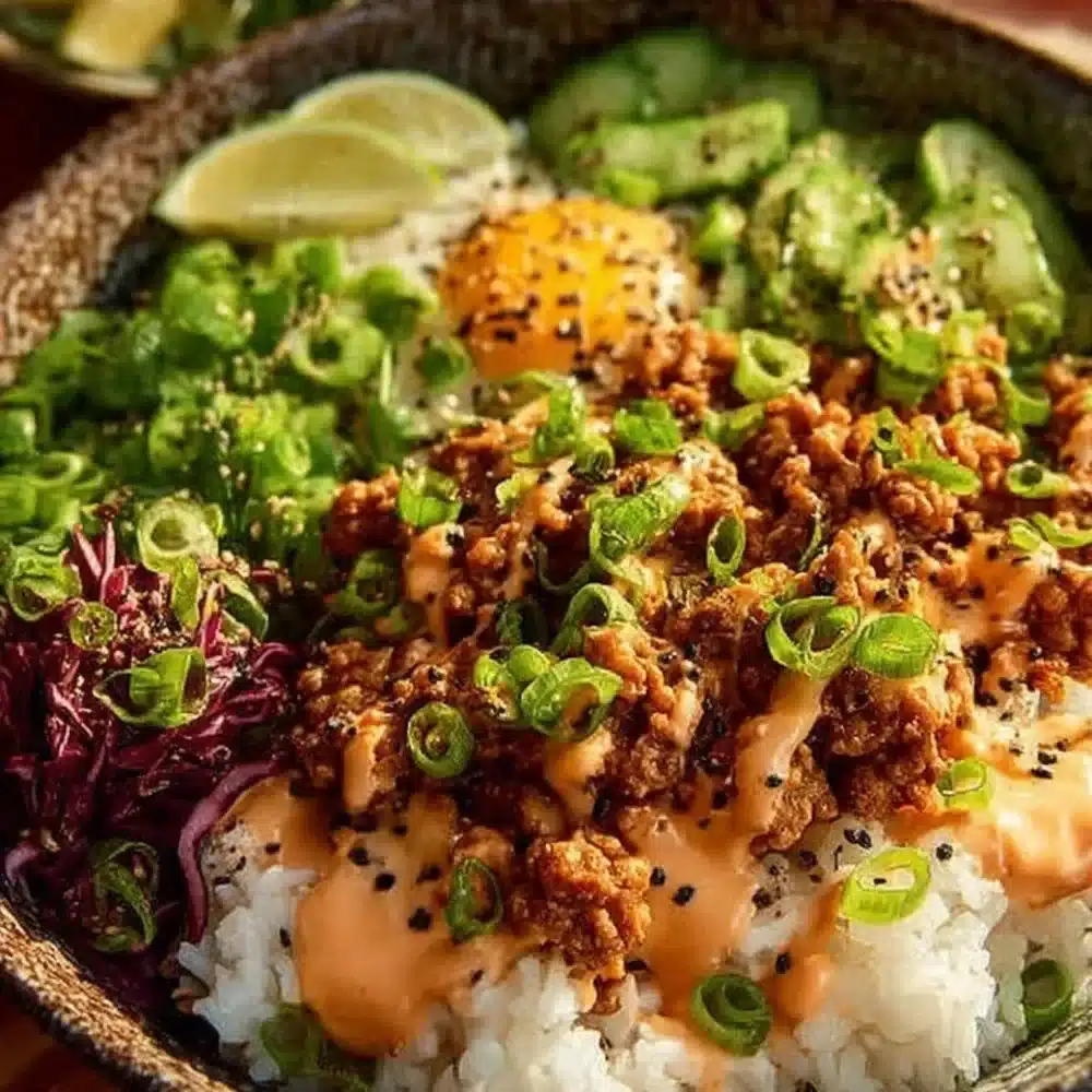 Delicious ground turkey rice bowls drizzled with Bang Bang sauce