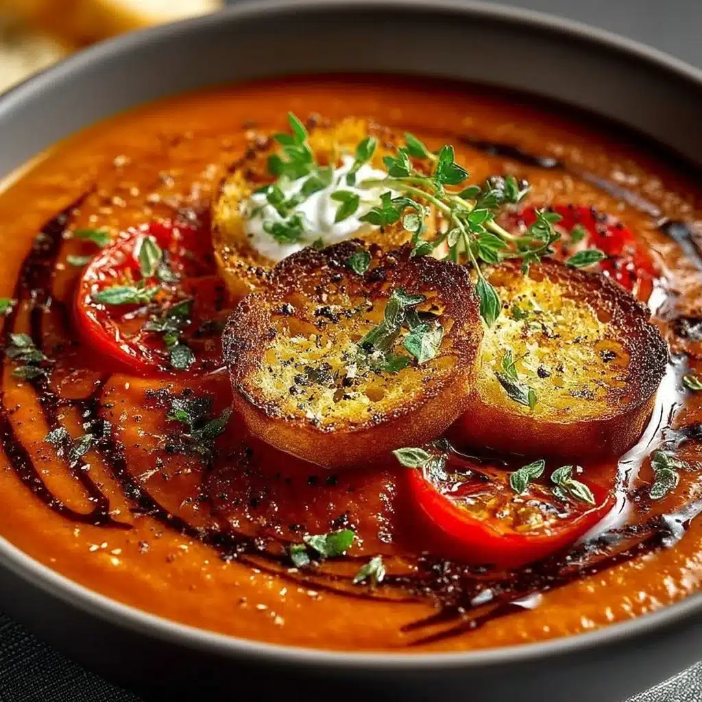Bowl of gourmet roasted tomato soup garnished with fresh basil and cream