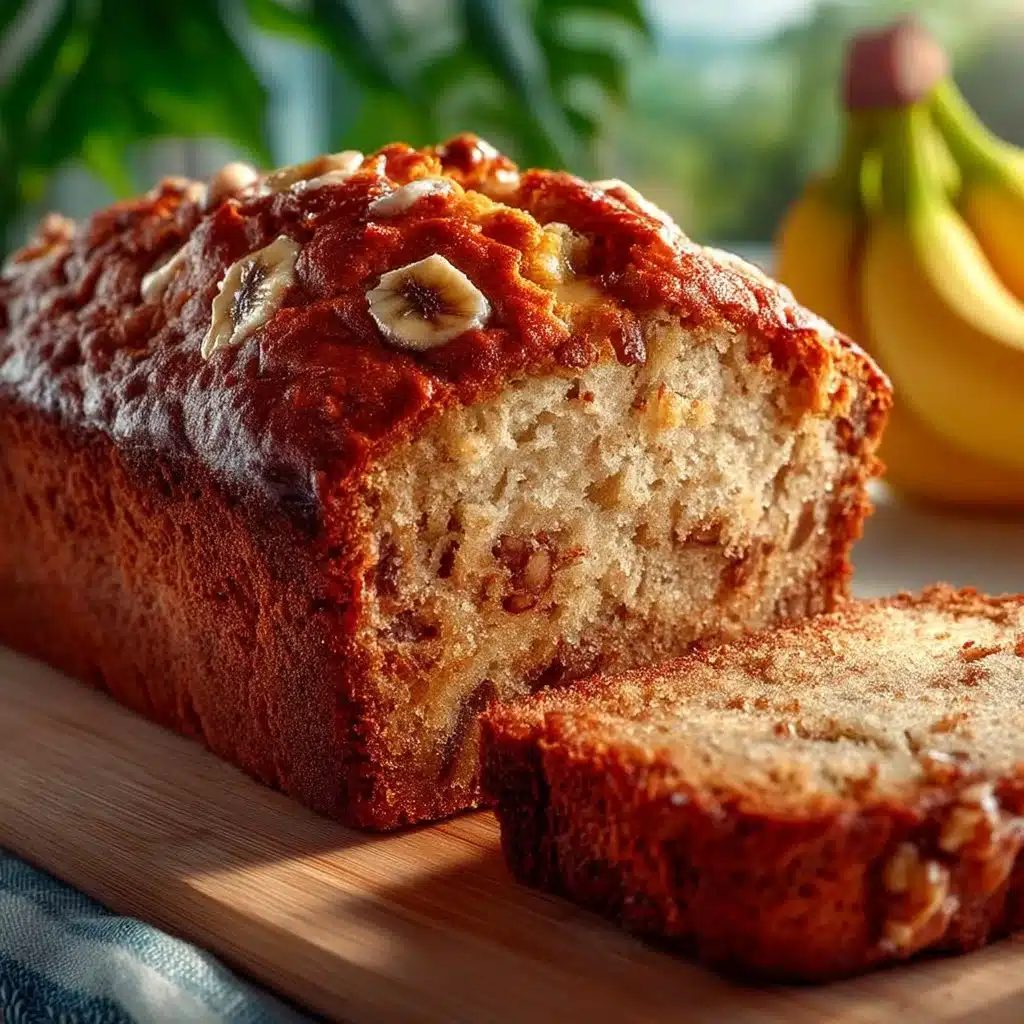 Slice of moist Hawaiian banana bread on a wooden board with tropical decorations