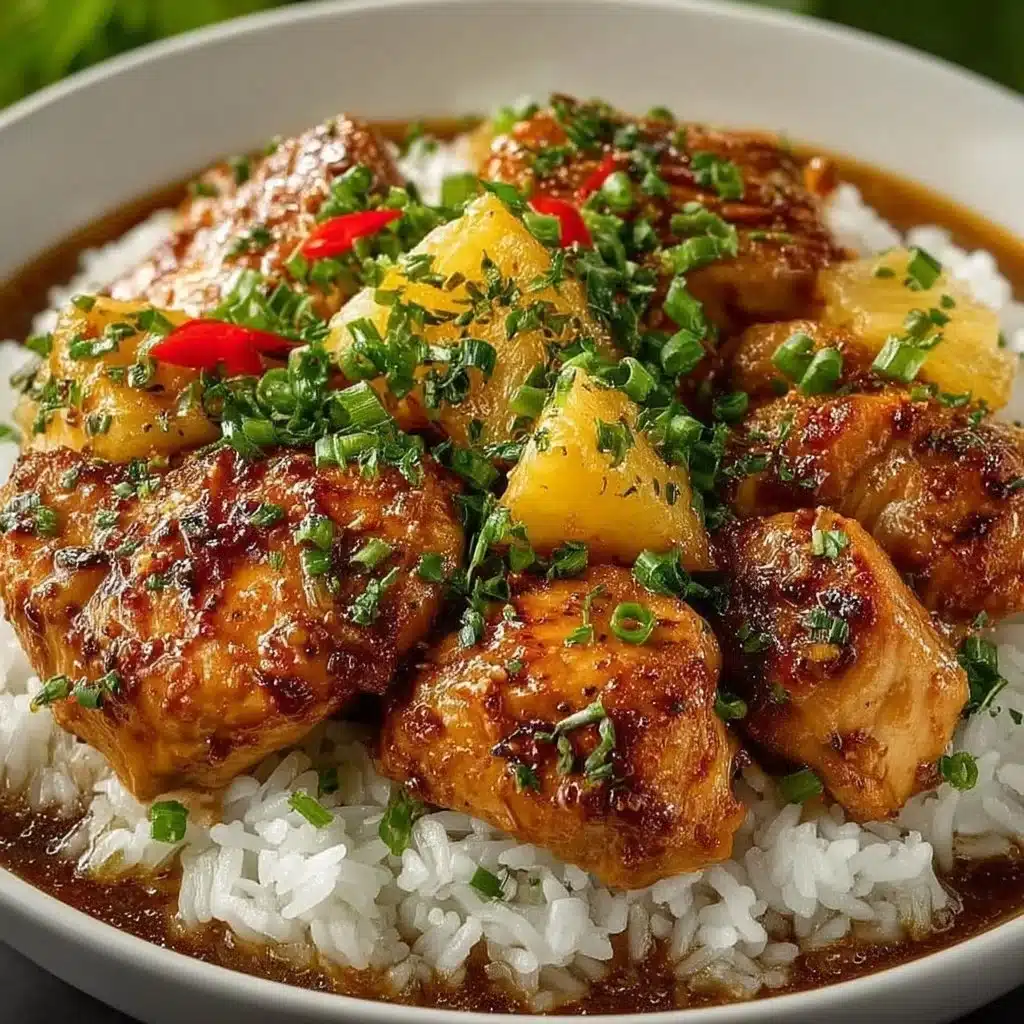 Hawaiian crockpot chicken dish with tropical flavors and colorful ingredients