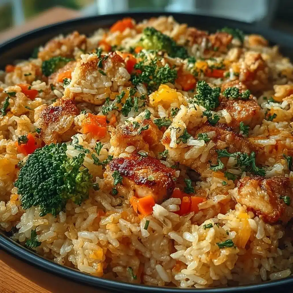 Healthy chicken rice casserole topped with herbs and served in a baking dish.