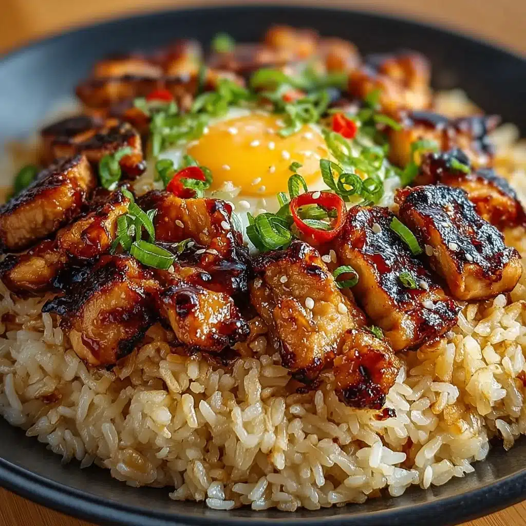 Honey BBQ chicken served over fluffy rice for a delicious meal.