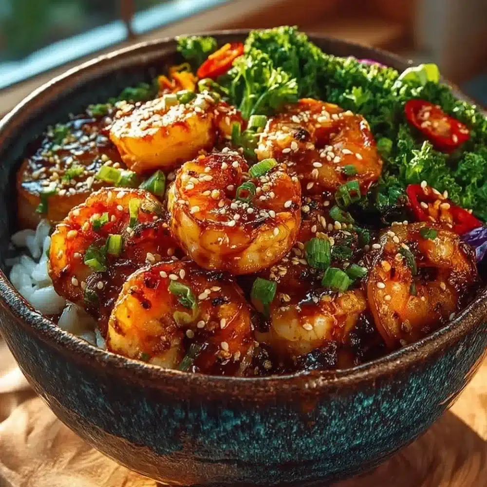 Delicious Honey Garlic Shrimp Bowls with rice and vegetables
