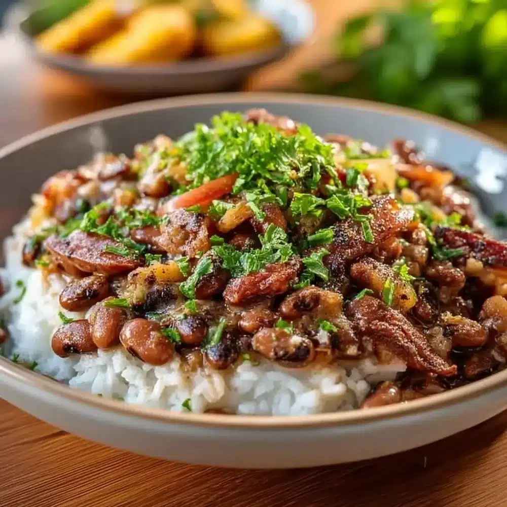 A delicious serving of Hoppin' John featuring rice and black-eyed peas.