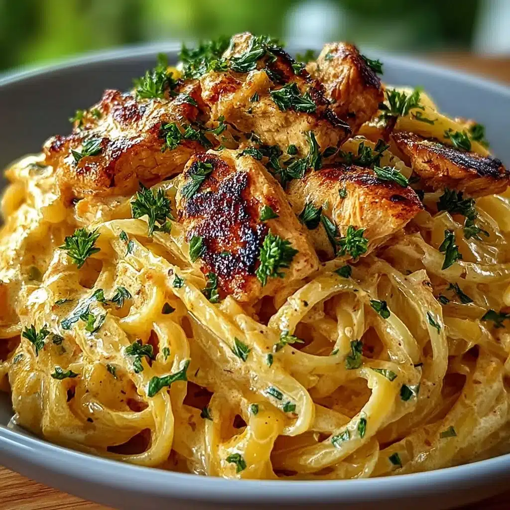 Plate of cowboy butter chicken linguine garnished with parsley.