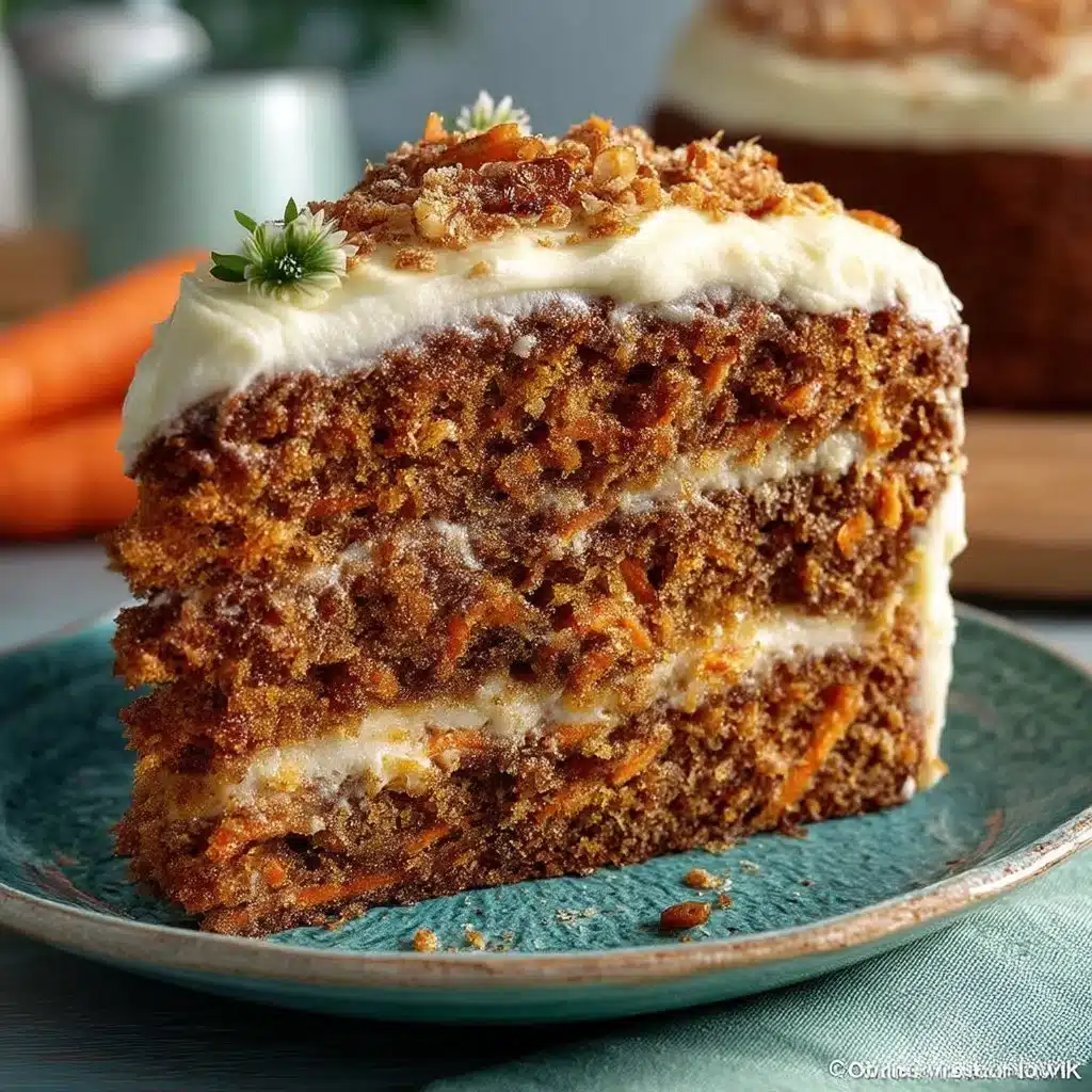 Moist carrot cake topped with cream cheese frosting and decorated with walnuts.