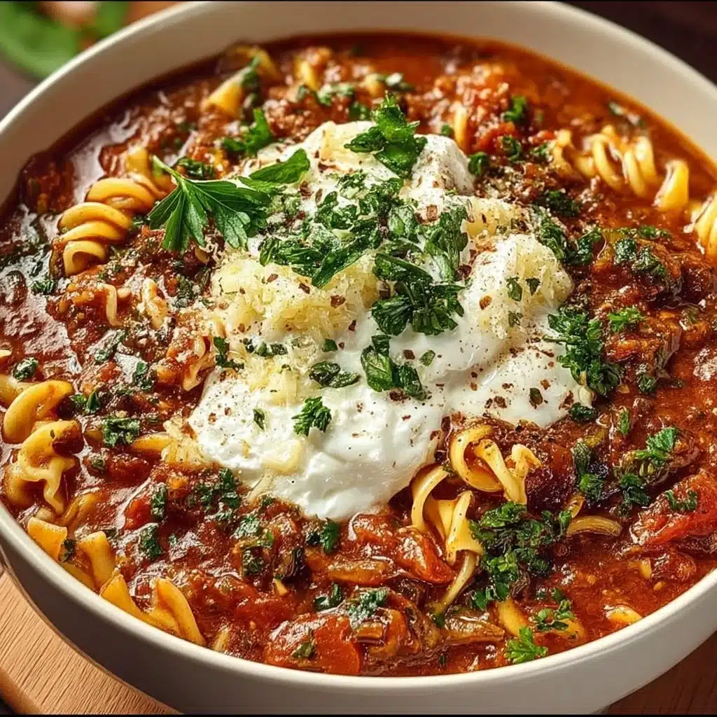 One-Pot Vegetarian Lasagna Soup in a bowl, topped with fresh herbs and cheese.