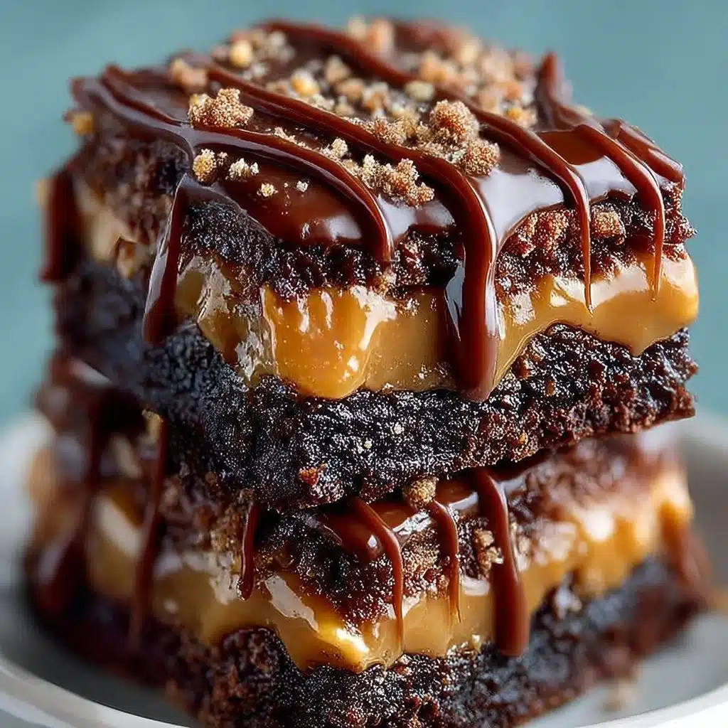 Delicious Snickers Brownie Bars topped with chocolate, caramel, and peanuts.