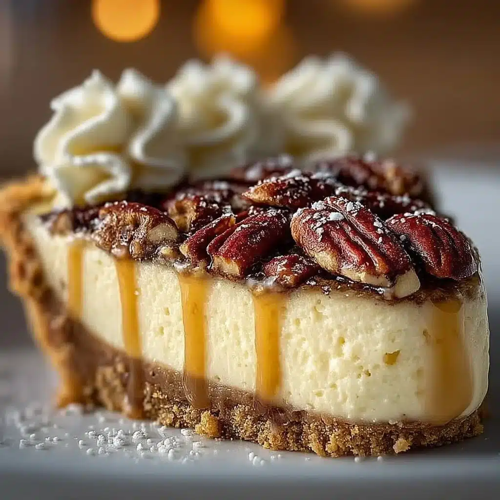 Slice of Pecan Cheesecake Pie topped with pecans and caramel sauce