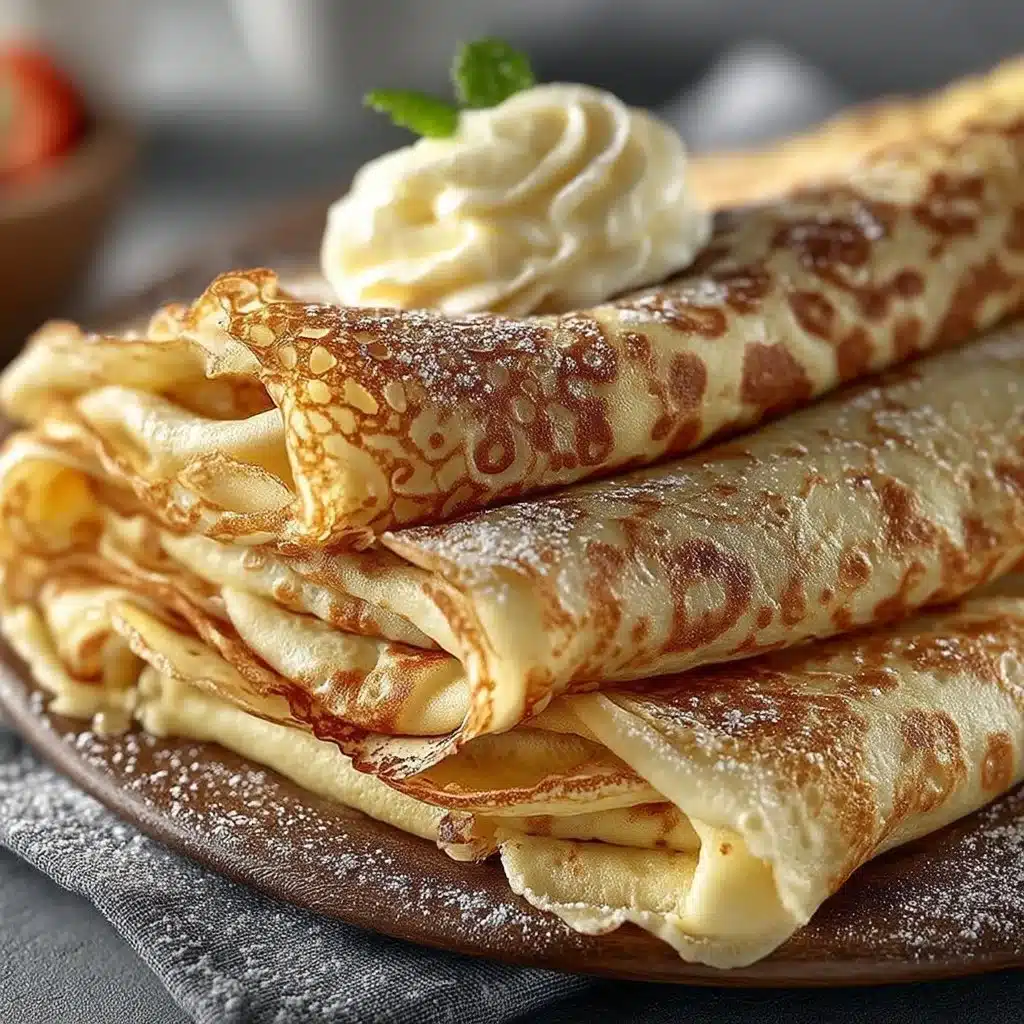 A stack of light and lacy perfect crepes served with fruit and syrup