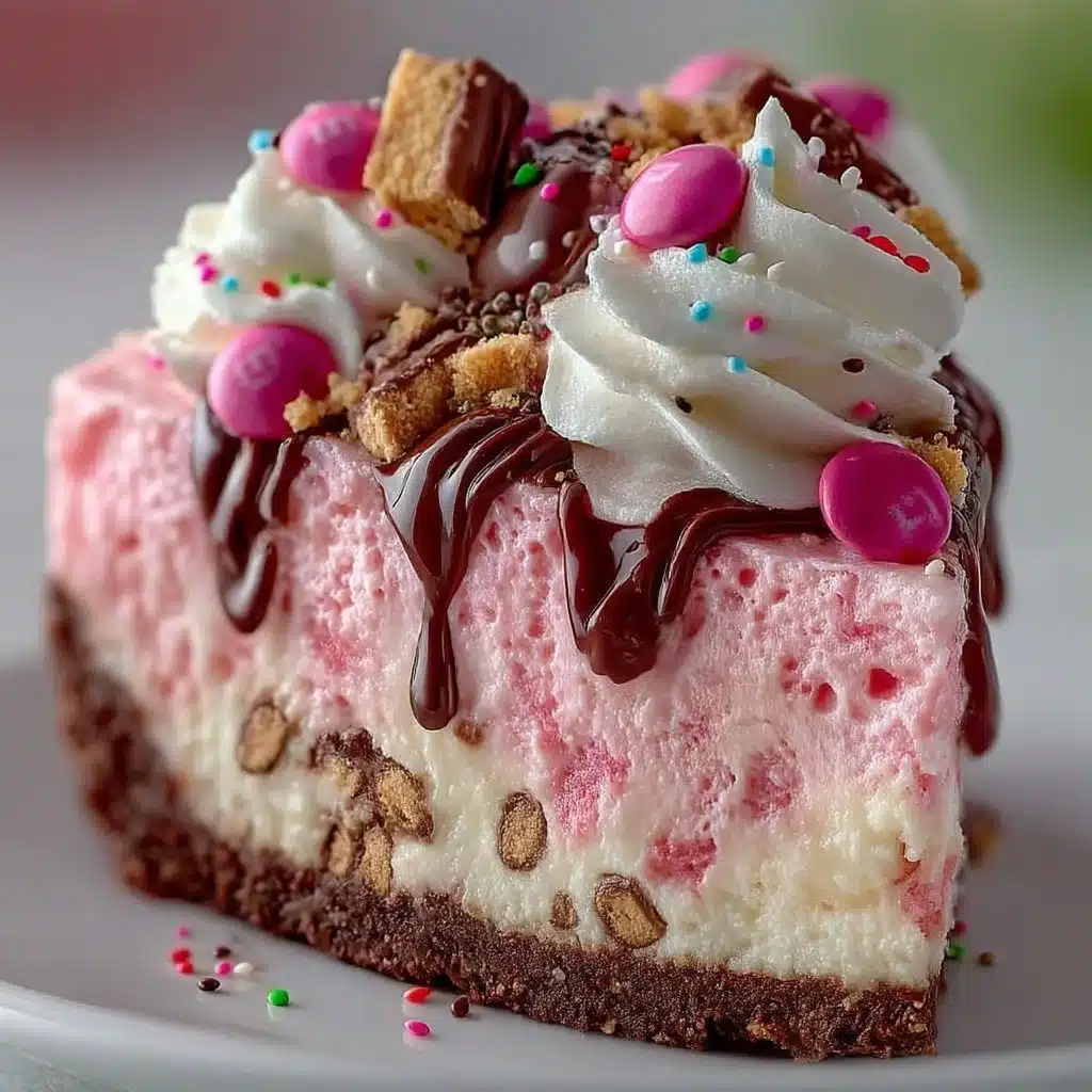 Pink M&M Snickers Cheesecake slice topped with colorful candy