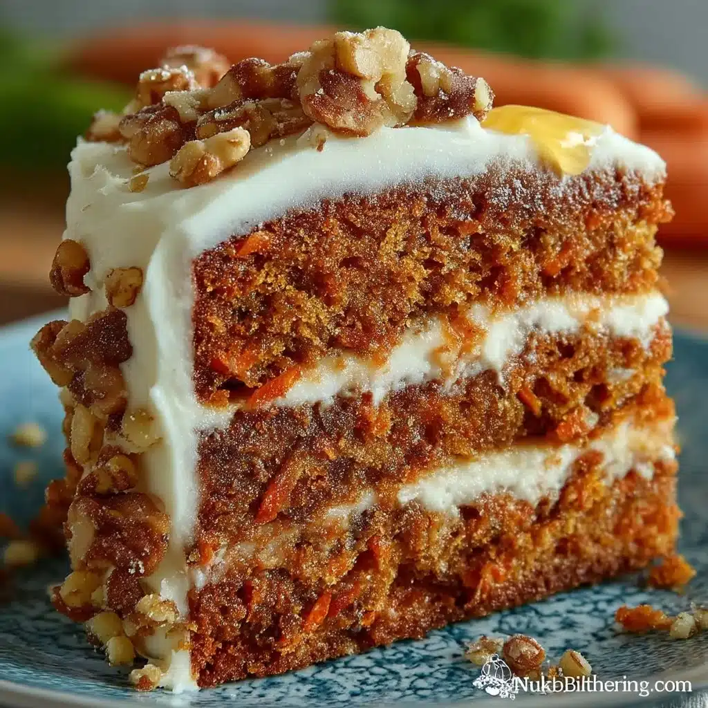 Slice of prize-winning carrot cake with cream cheese frosting on a plate