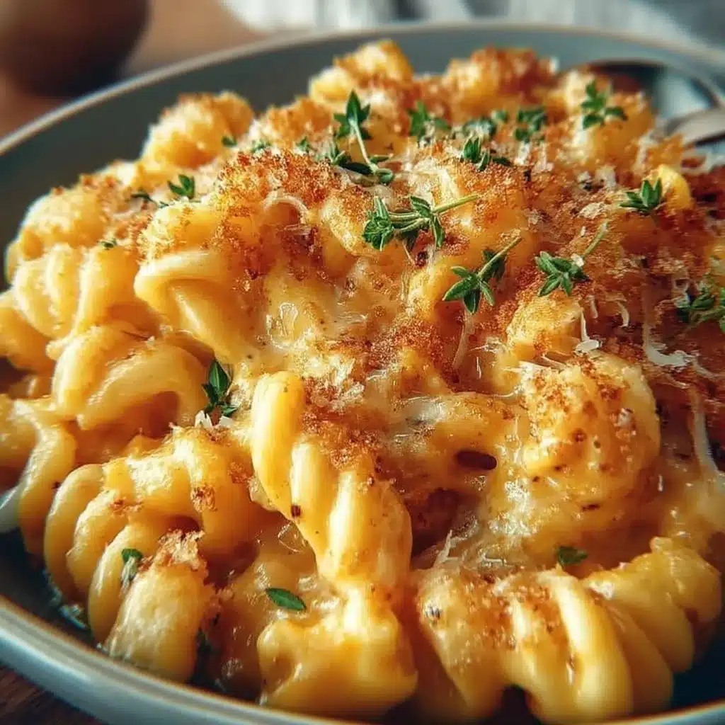 Bowl of creamy Pumpkin Mac and Cheese topped with herbs and cheese