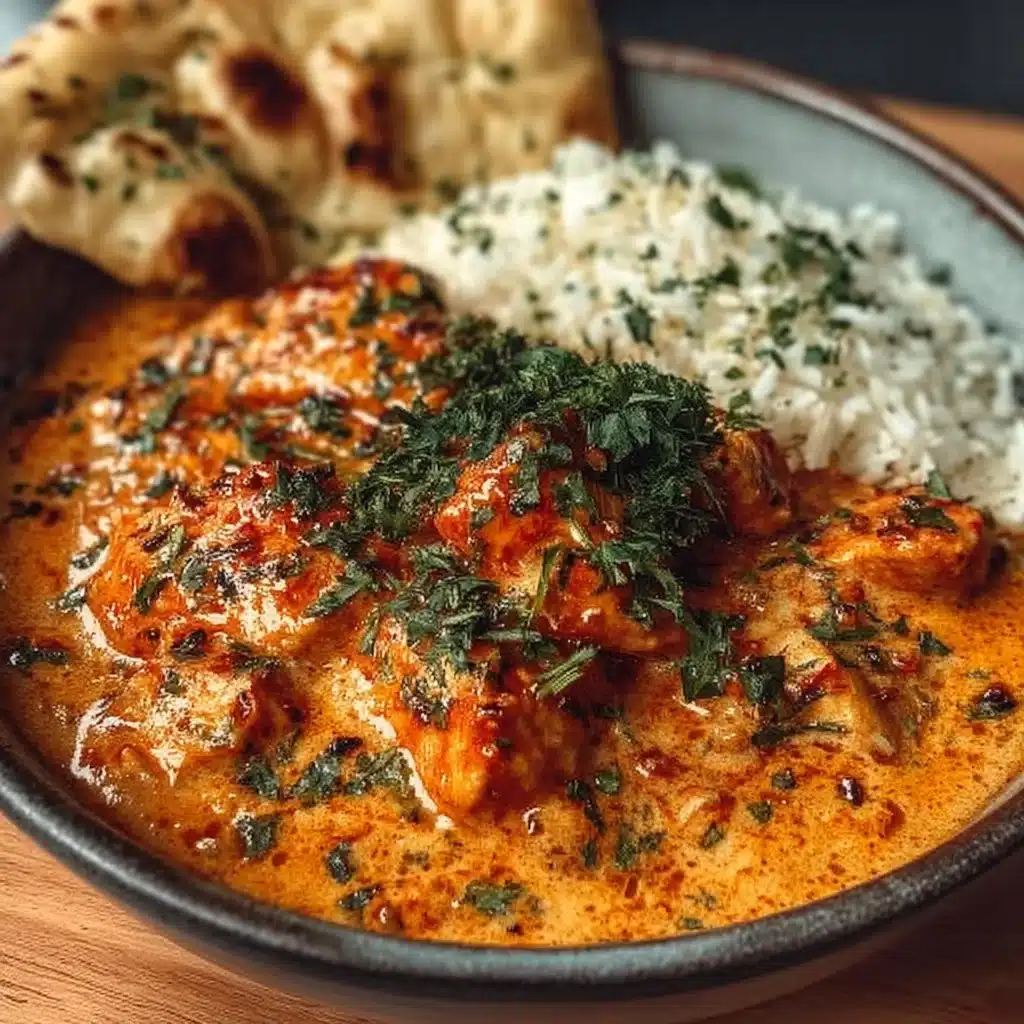 Delicious homemade butter chicken served with rice and herbs.