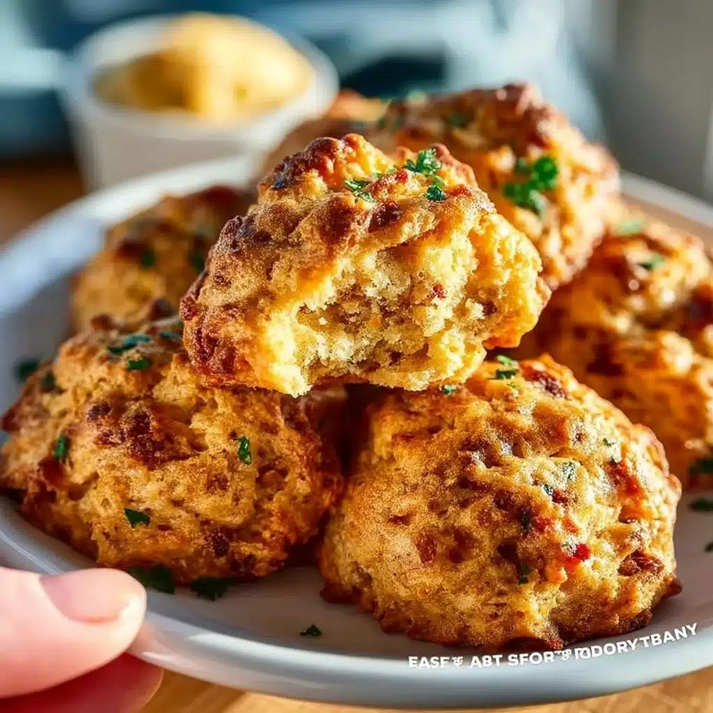 Golden brown cheddar bay biscuit sausage balls on a serving plate