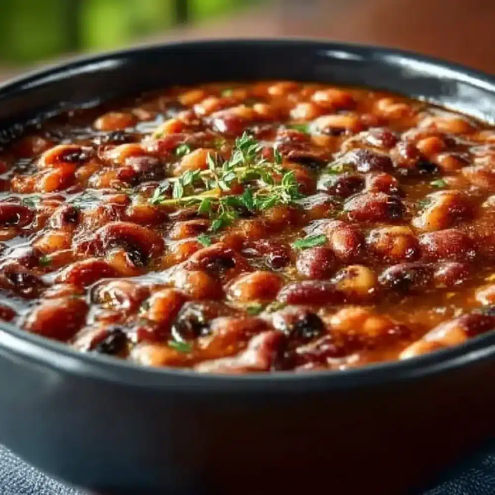 Bowl of African Stewed Black-eyed peas (Red Red) garnished with herbs.
