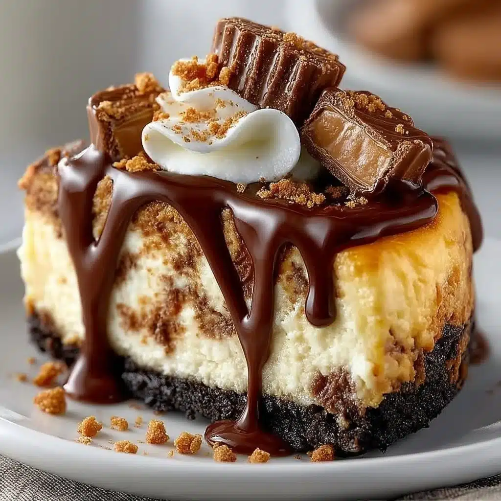 Delicious Reese's Peanut Butter Cup Cheesecake topped with chocolate drizzle and peanut butter cups.