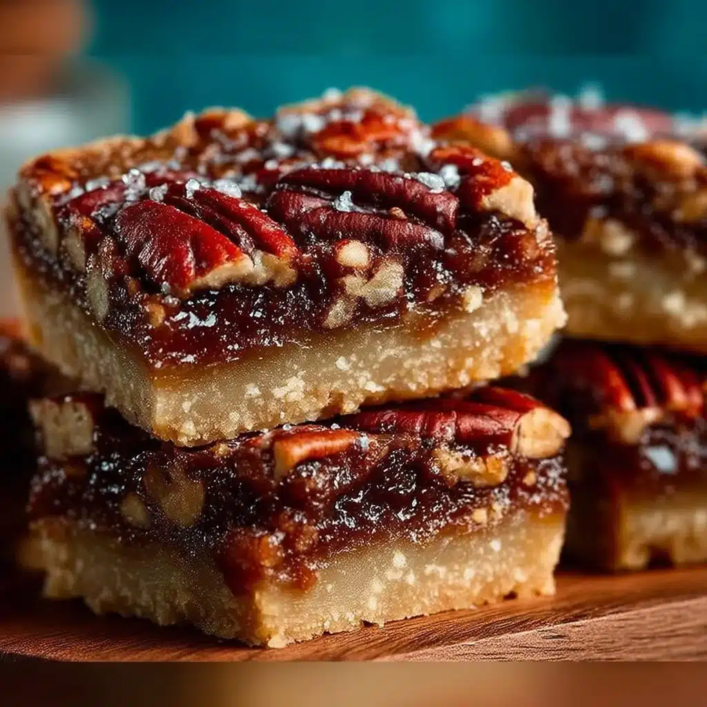 Delicious salted maple pecan pie bars on a wooden table