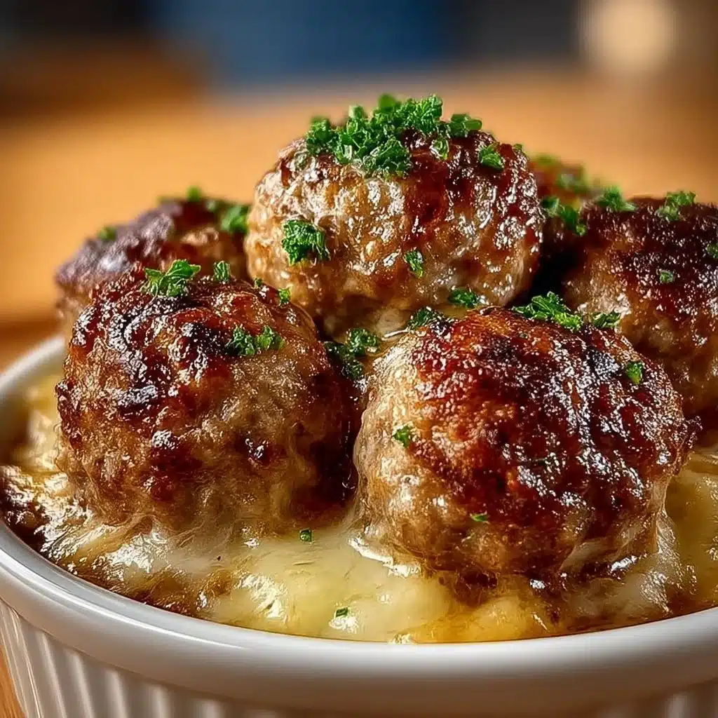 Savory French Onion Meatballs served on a plate topped with melted cheese