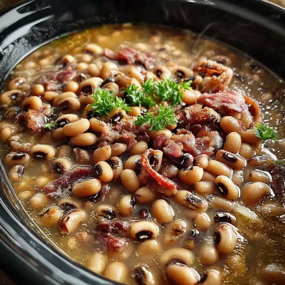 Delicious slow cooker black-eyed peas served in a bowl with herbs