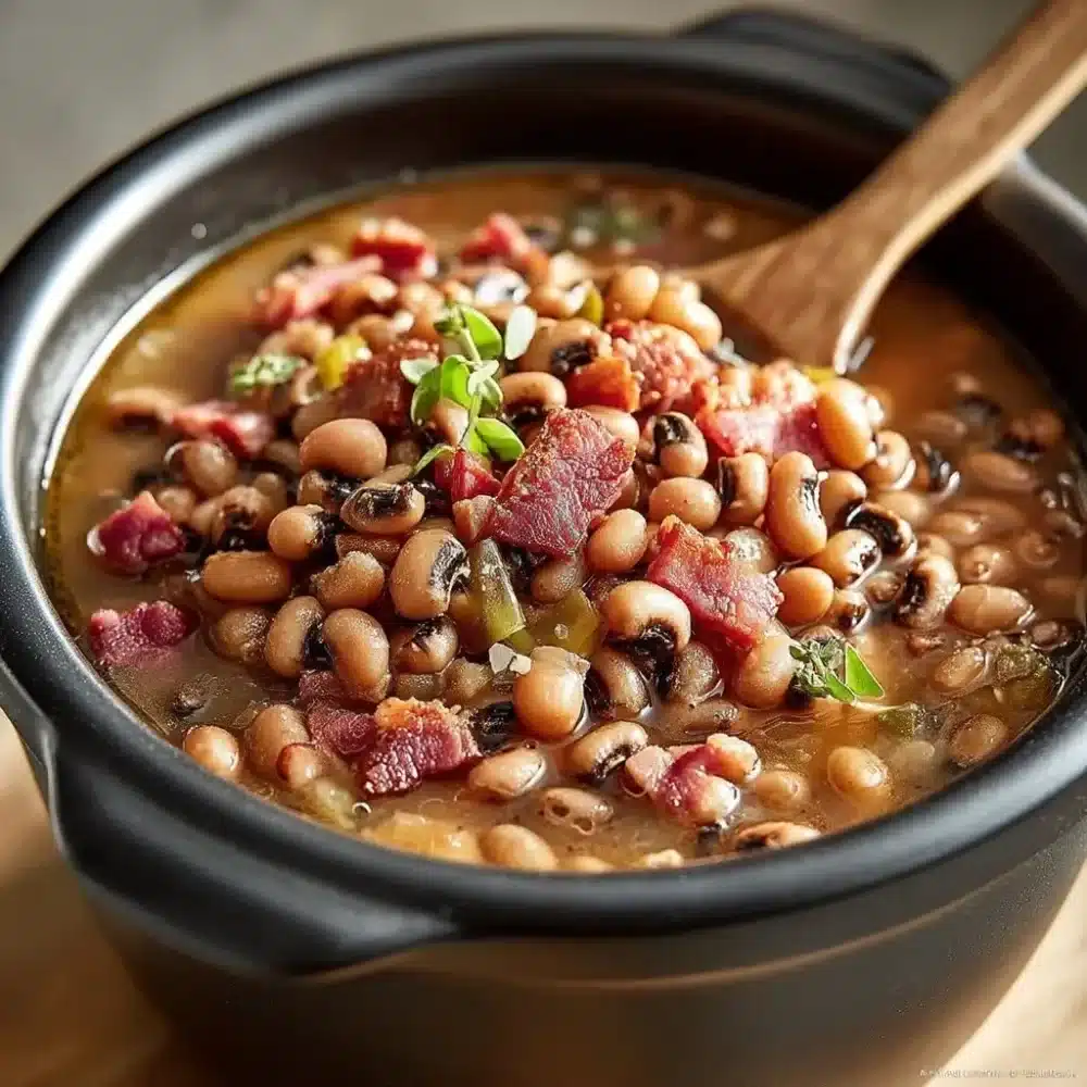 Bowl of slow cooker black-eyed peas with bacon and herbs