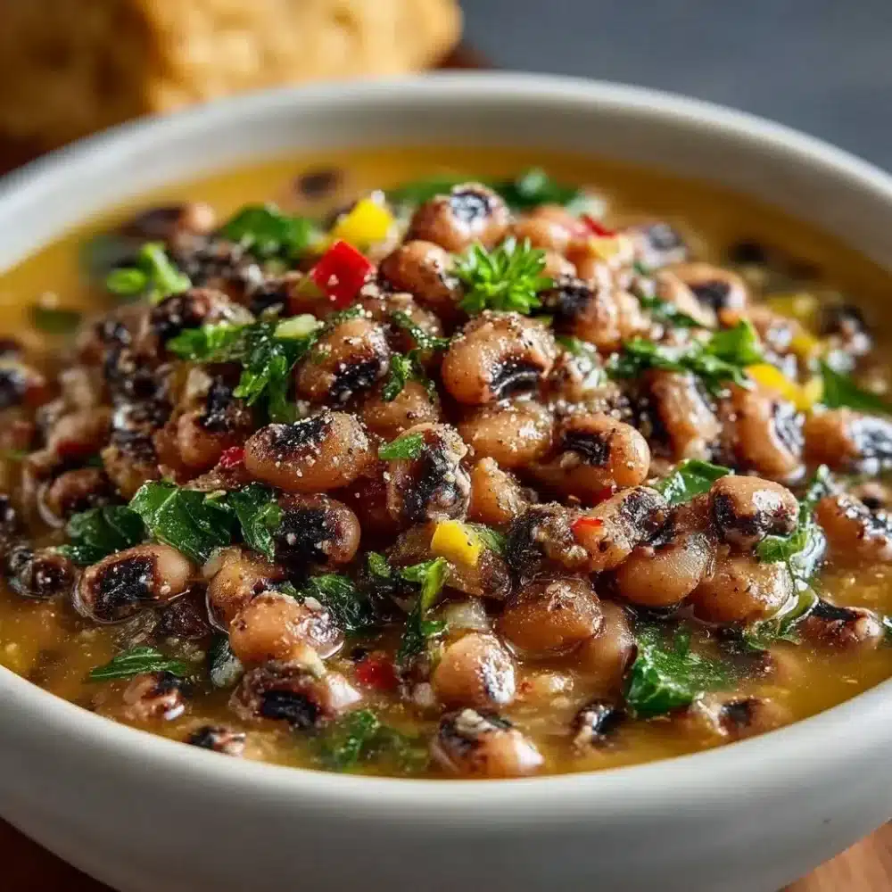 Delicious Southern Black Eyed Peas dish prepared with spices and herbs.