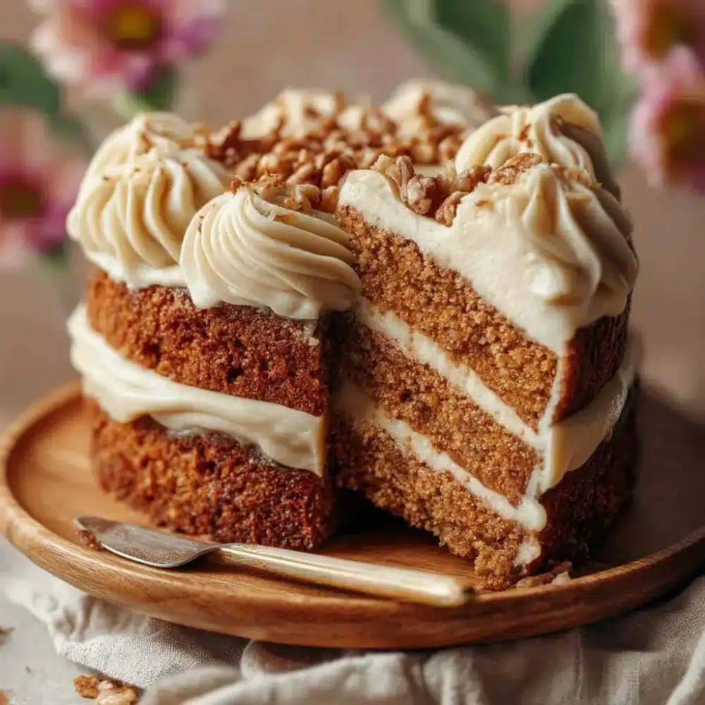 Delicious spice cake with brown butter cream cheese frosting on a plate