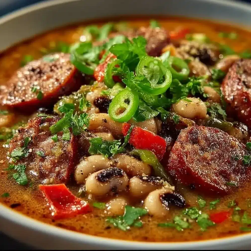 Spicy Creole Black-Eyed Peas with Sausage in a bowl