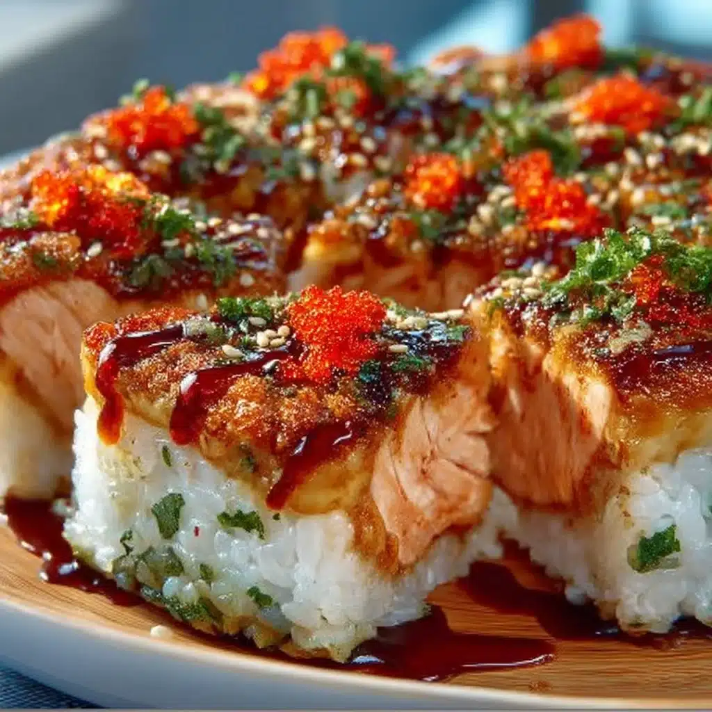 A delicious Spicy Salmon Sushi Bake in a ceramic dish, perfect for sharing.