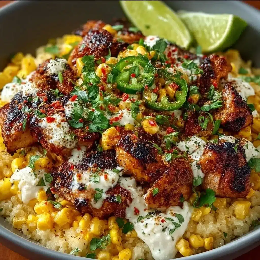 Delicious Street Corn Chicken and Rice Bowl topped with fresh ingredients