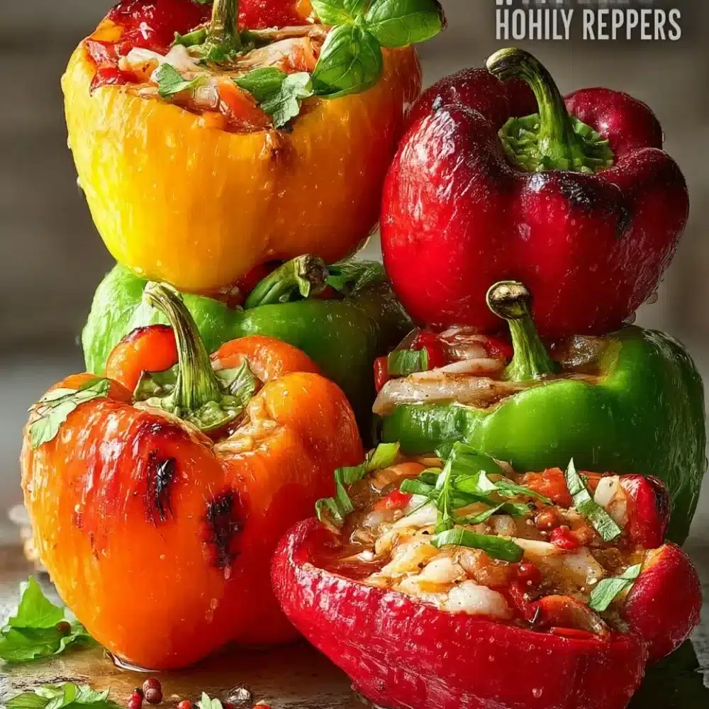 Colorful stuffed bell peppers filled with rice, veggies, and spices on a plate.