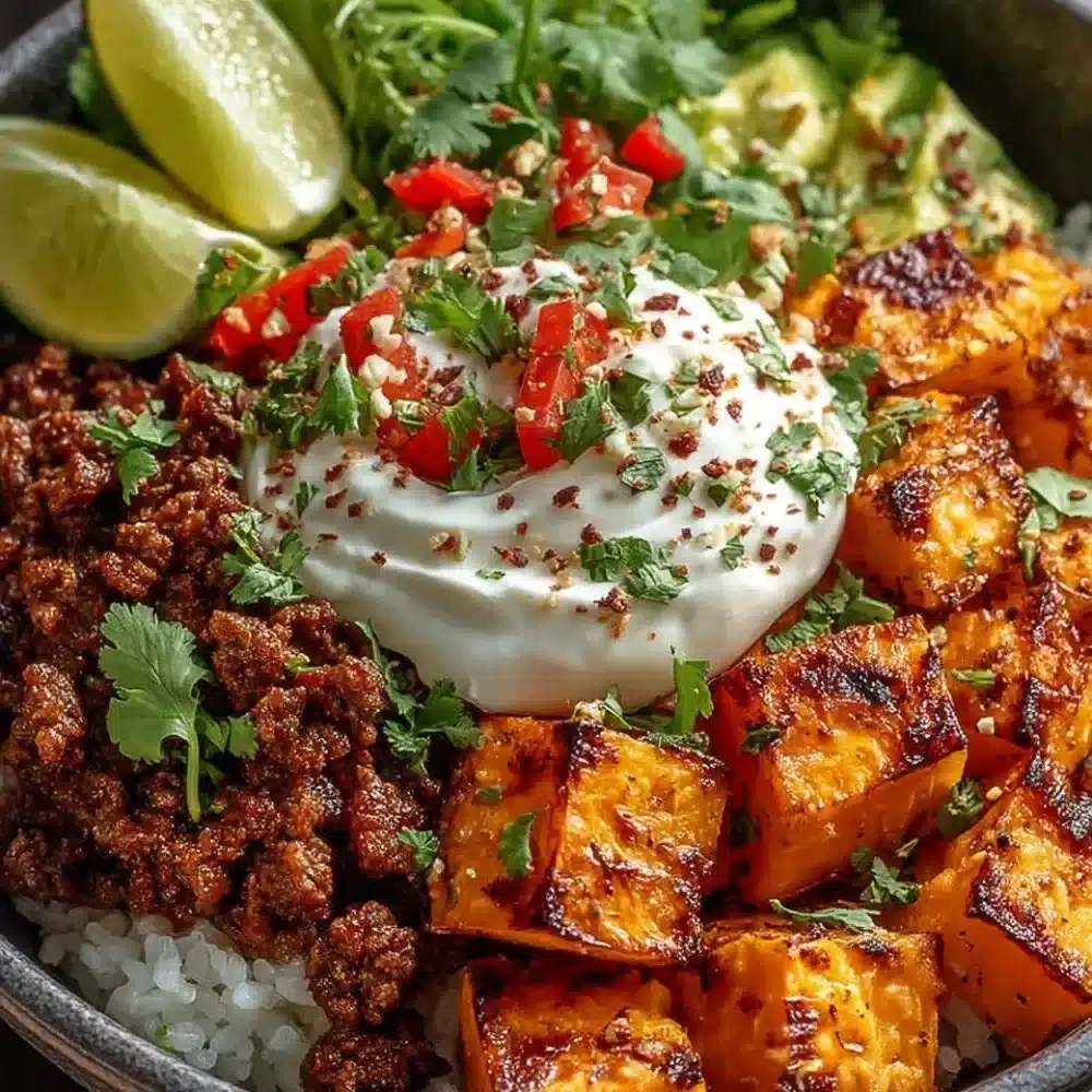 Sweet potato taco bowl with fresh toppings and vibrant colors