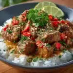 Plate of Thai Peanut Chicken garnished with herbs and served with rice