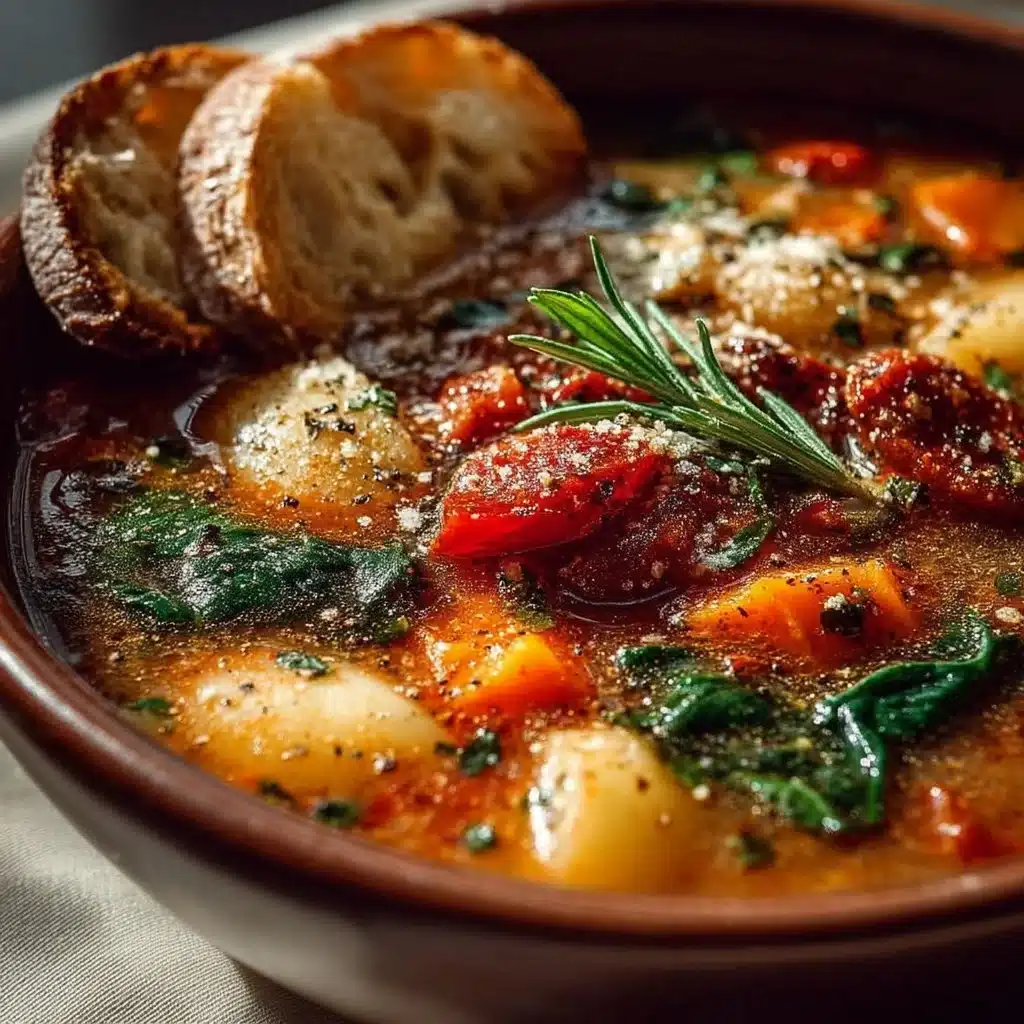 Delicious bowl of Tuscany Soup topped with fresh herbs and vegetables.