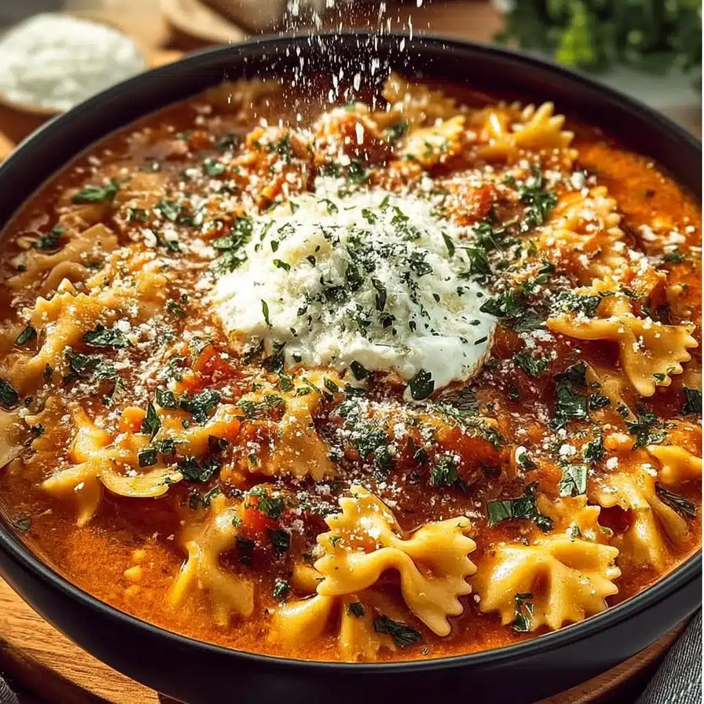 Bowl of hearty Vegetarian Lasagna Soup with fresh ingredients