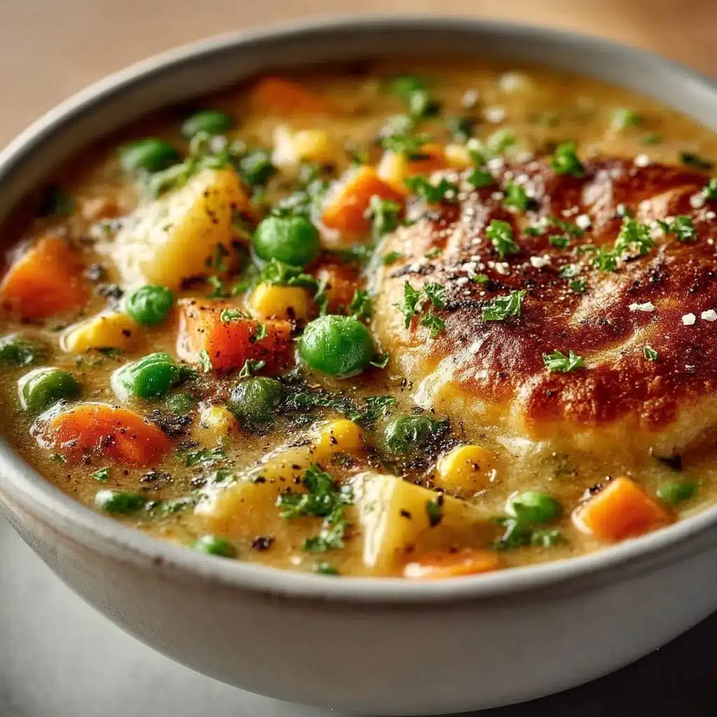 Bowl of veggie pot pie soup, showcasing colorful vegetables and a creamy broth.