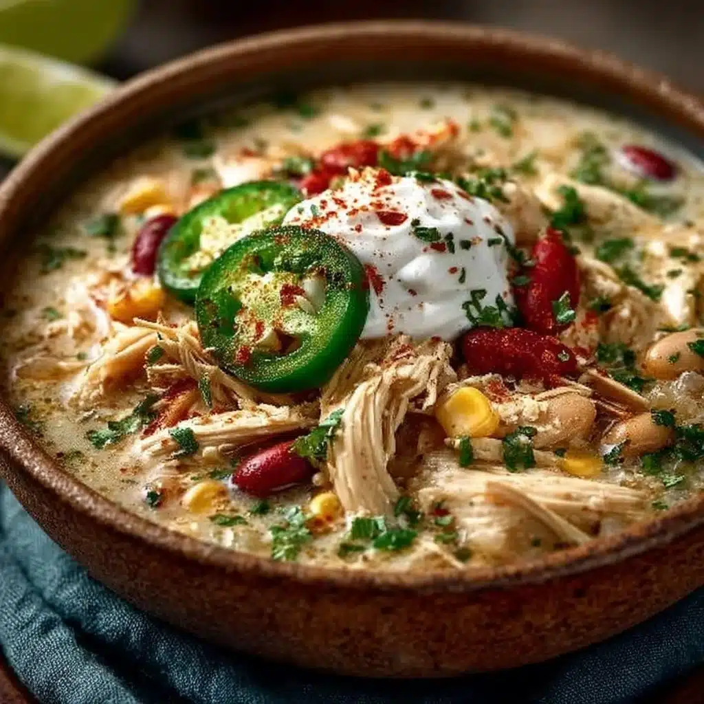 Bowl of white chicken chili soup garnished with cilantro and lime.